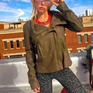 VINCE Scuba Asymmetrical Lambskin Leather green khaki suede Jacket Size large